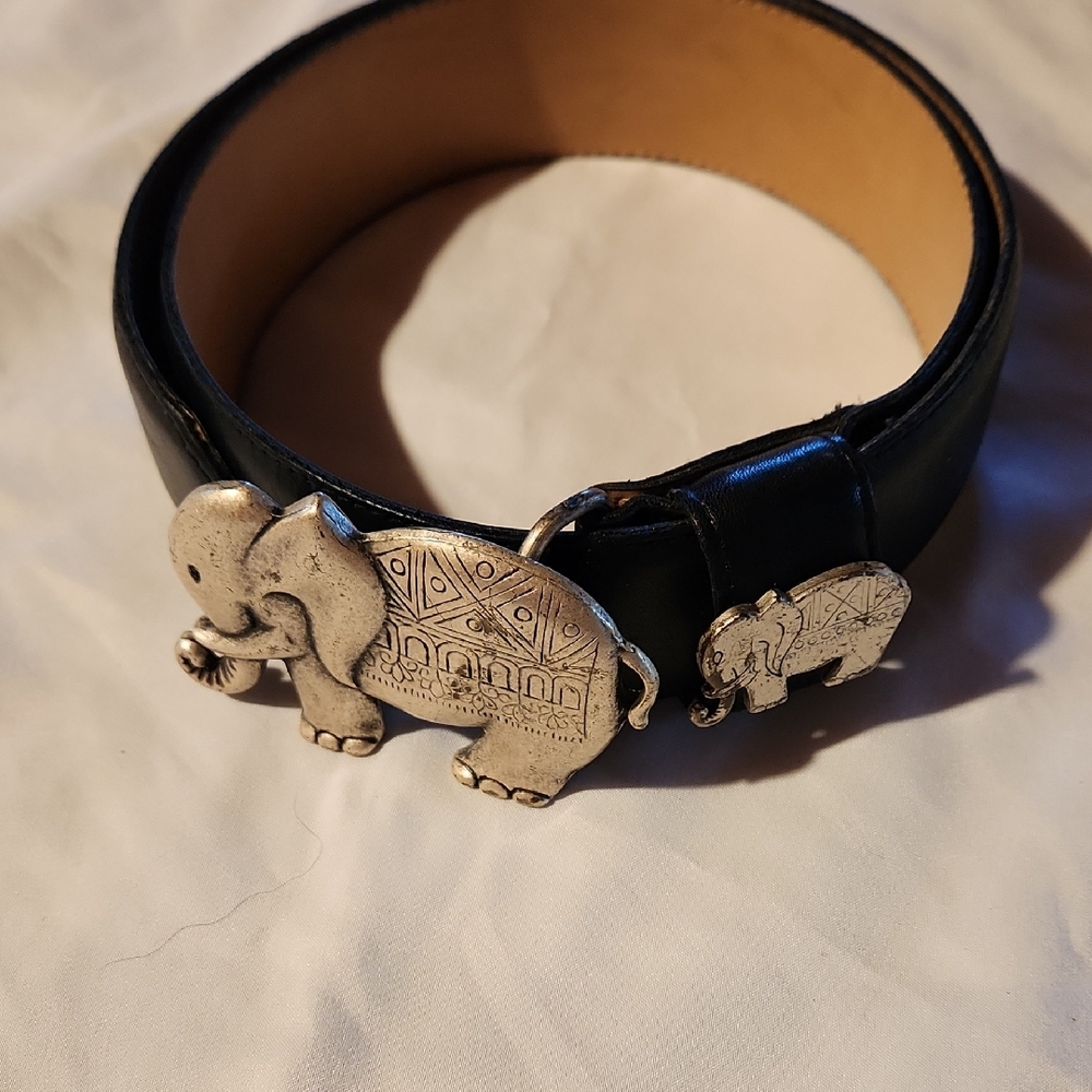 Black Leather Belt with Silver Elephant Buckle